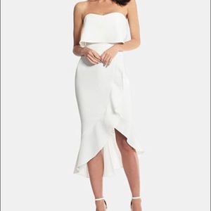 Xscape White Crepe Bustier Ruffle-Hem Dress. Shoulder midi